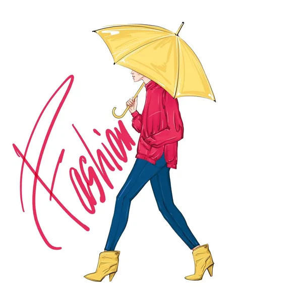 Hand drawn fashion sketch girl with yellow umbrella. Fashion look with blue pants, red pullover. Beautiful young woman in stylish outfit walking on white background. Trendy autumn street style sketch