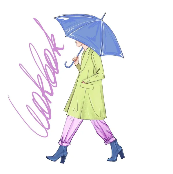 Hand-drawn fashion sketch girl with an umbrella. Women wearing coats and steps on a white background. Lookbook text on the background. Deep blue boots, blue umbrella, and light green coat stylish outfit art