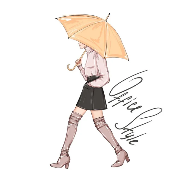 Hand Drawn Fashion Sketch Girl Umbrella Office Style Woman Walking — Stock Photo, Image