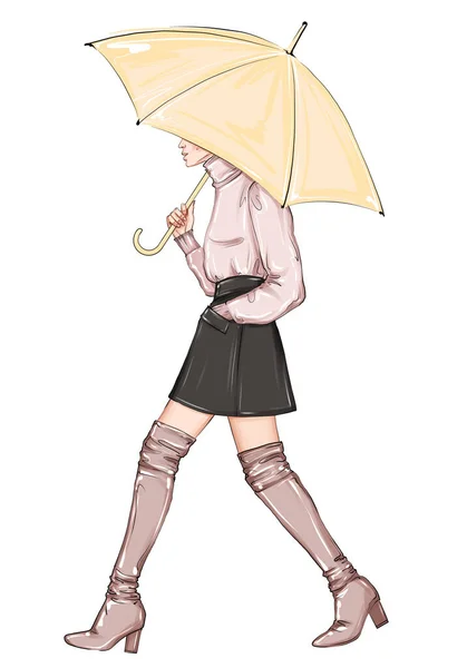 Handgezeichnete Modeskizze Mädchen Mit Regenschirm Frau Büro Unter Beigefarbenem Regenschirm — Stockfoto