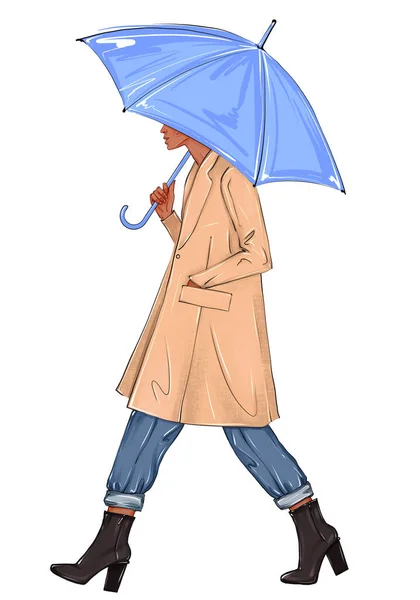 傘で手描きのファッションスケッチの女の子 コートを着て白地に足を踏み入れる女性 深い青色のジーンズ 青い傘とライトブラウンのコートスタイリッシュな衣装アート — ストック写真