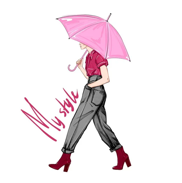 Hand-drawn fashion illustration woman with umbrella. My style art text with woman walk on white background. Trendy sketch of walking woman with pink umbrella, black pants, red blouse