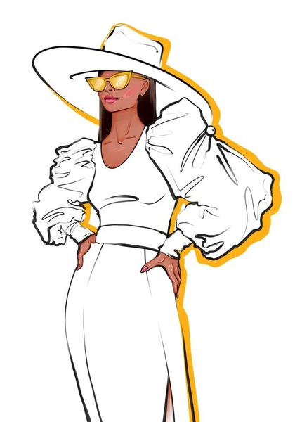 帽子とサングラスのイラストのファッション女性 白い背景にドレスと黄色のラインでアフリカ系アメリカ人女性のファッションシンプルなスケッチ ファッションブルネット髪女性で帽子スケッチ — ストック写真