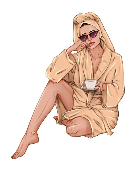 Vacker Hand Brunett Kvinna Vit Handduk Med Kaffe Mode Skiss — Stockfoto