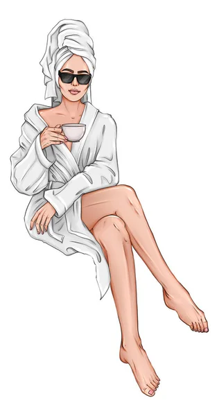 白いローブでお茶のカップと美しい手ブルネットの女性 白い背景にカップコーヒーアートを持つ若い女性 コーヒーファッションのスケッチと白いタオルの女の子 女の子で白いスパローブファッションイラスト — ストック写真