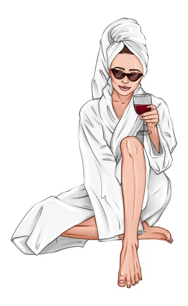 白いスパのローブにワインのガラスと美しいブルネットの女性 白を背景にワインアートを持つ若い女性 セルフケア美容イラスト スパの女性のワインスケッチ 女の子で白いスパローブファッションイラスト — ストック写真