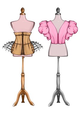 Bir mankenin üzerine el çizimi moda tasarımcısı kıyafetleri. Modern tarzda modaya uygun retro manken. Beyaz arka plan sanatı üzerinde farklı türde bir dizi mankenin şık çizimi