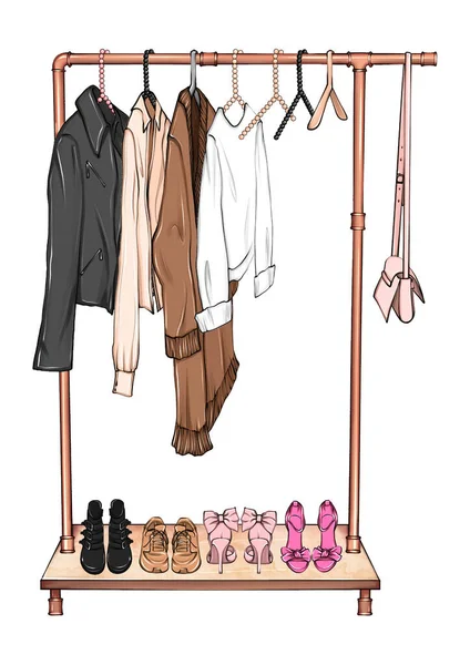 Illustration Dessinée Main Vêtements Créateur Mode Sur Cintre Porte Vêtements — Photo