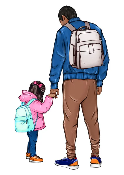 Beautiful Hand Drawn Illustration African American Dad Daughter Walking Backpacks — Zdjęcie stockowe