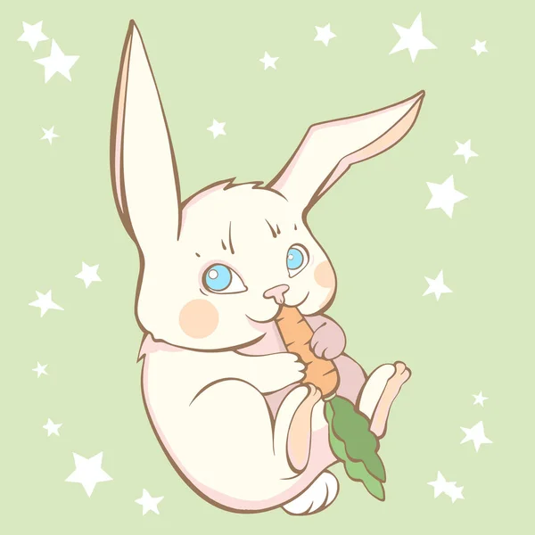 可爱的小矢量画兔子吃绿色背景的胡萝卜与白星 可爱的兔子图片为孩子们的衣服 毛茸茸的白兔吃胡萝卜小孩的插图艺术 — 图库矢量图片