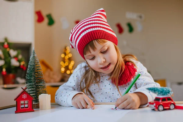 Little Years Old Girl Gnome Hat Writing Letter Santa Table — Stock Photo, Image