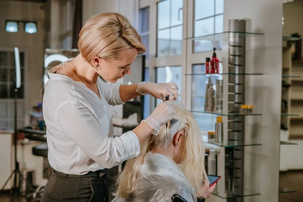 Peluquería Profesional Teñir Cabello Cliente Femenino Salón Belleza Delante Espejo —  Fotos de Stock