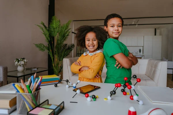 Schwester Und Bruder Haben Spaß Dabei Wohnzimmer Neben Dem Schreibtisch — Stockfoto