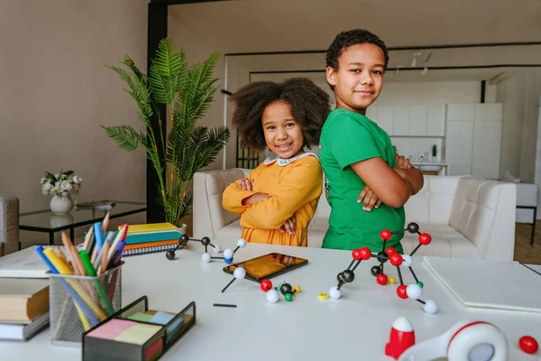 Schwester Und Bruder Haben Spaß Dabei Wohnzimmer Neben Dem Schreibtisch — Stockfoto