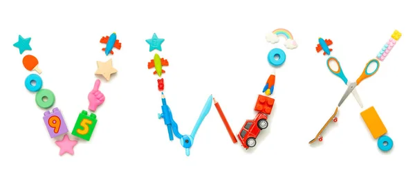 Lettres V, W, X réalisées par des jouets pour enfants isolés sur fond blanc — Photo