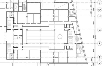 Mimarlık geçmişi. Mimari projenin bir parçası, bir kamu binasının mimari planı. Yüzme havuzlu spa merkezi