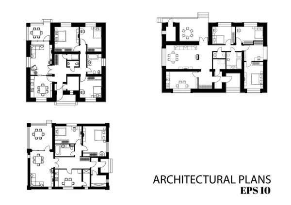 Piani architettonici di edifici residenziali. Serie di disegni architettonici. Illustrazione vettoriale bianco e nero — Vettoriale Stock