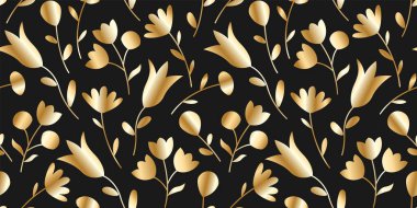 Elle çizilmiş çiçekler ve lalelerle altın ve siyah pürüzsüz desen. Güzel çiçek arkaplanı.