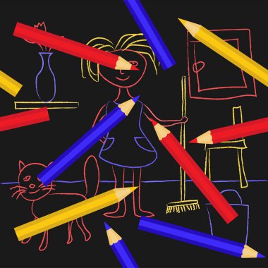 Çocuk pastel boyalarla resim çiziyor. Sevimli çocuklar evde bir kız ve bir kedi betimliyor. Çizgi film kızı ya da kadın temizlik yapıyor. Vektör EPS10.