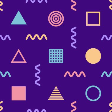 Çemberleri ve üçgenleri olan geometrik, pürüzsüz desen. Memphis tarzı moda. Vektör soyut arkaplanı