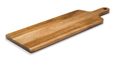 Doğal ahşaptan kesme tahtası, arka planda izole edilmiş fotoğraf.