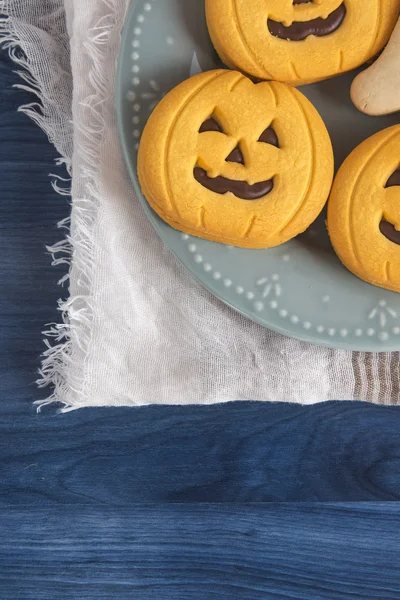 Halloween pumpkin cookies celebration with copy space — Stock Photo, Image