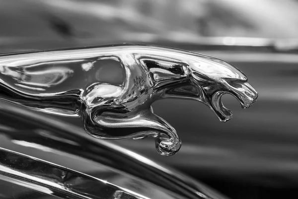 La Nucia, İspanya - 7 Nisan 2012. Hood ornament Araba, bir Jaguar, e