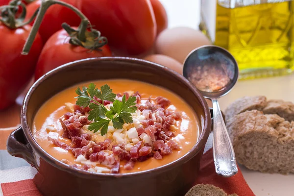 Sopa de tomate salmorejo en un bol, comida española — Foto de Stock