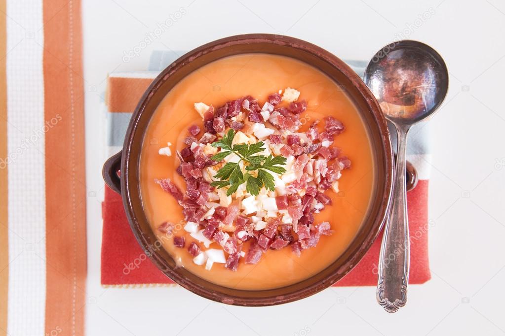 Tomato salmorejo soup in a bowl, spanish food