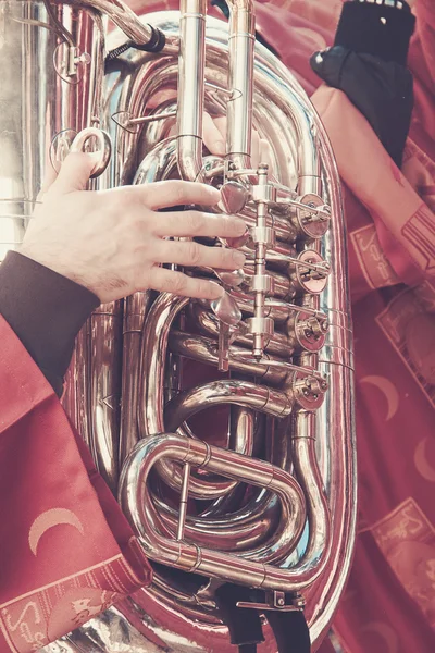 Bass horn of a musical band on the street in Moors and Christian — Stock Photo, Image