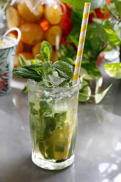 Mojito drink with rum, fresh mint, lime, ice, and waterRefreshing drink, culinary photography.