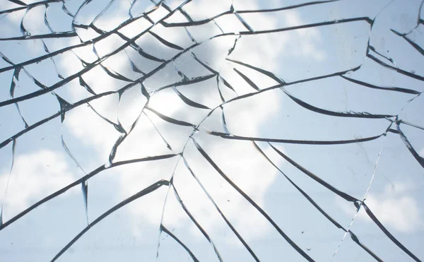 Broken Glass Cracks Blue Sky Background Close View Broken Glass — Stock Photo, Image