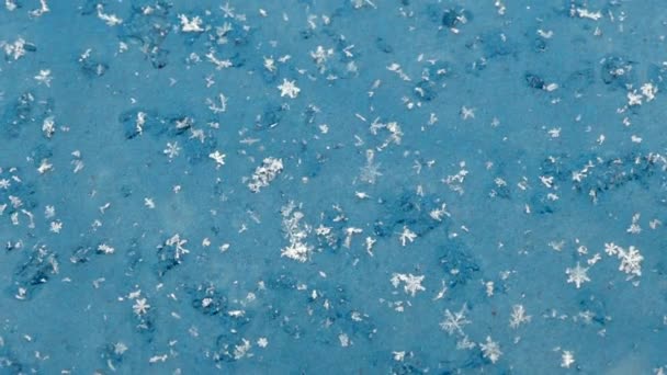 Nieve Lenta Cayendo Superficie Azul Con Partículas Azules Con Copo — Vídeo de stock