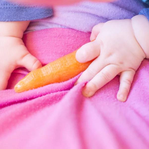 Baby Hand Holding Fruits Vegetables Stock Photo