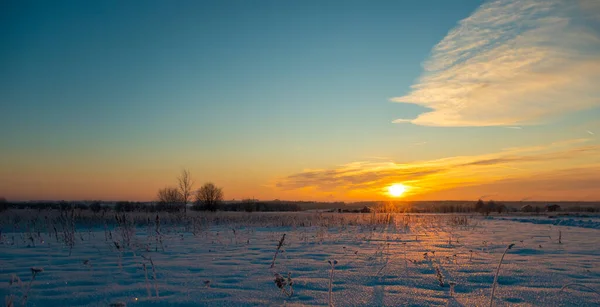 Zimowy Krajobraz Śnieżnym Polu Zachodzie Słońca Wsiewołożsku Obwód Leningradzki Rosja — Zdjęcie stockowe