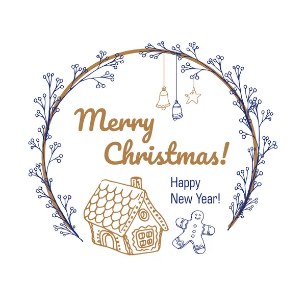 Christmas Frame Floral Branches Christmas Decorations Gingerbread House Blue Gold — Stock Vector