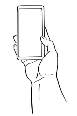 Akıllı telefon ya da cep telefonu tutarak. El çizimi vektör karalama gerçekçi illüstrasyon beyaz arkaplanda izole. 
