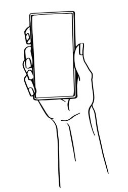 Akıllı telefon ya da cep telefonu tutarak. El çizimi vektör karalama gerçekçi çizimi beyaz arka planda izole edildi. Üst görünüm. 