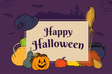 Cadılar Bayramı posterinde cadı şapkası, kazan, balkabağı, Jack Olantern ve Castle 'ın silueti var. Davet kartları, el ilanları, kartlar, kuponlar ve poster tasarımı için vektör ögeleri.