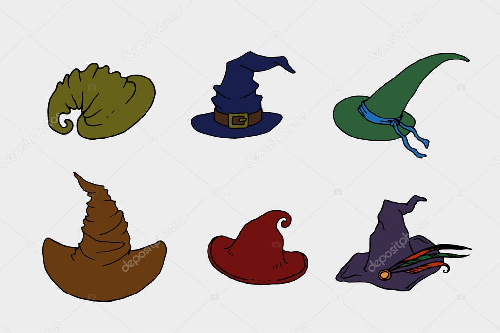 Witch hats color set isolated on white background. Doodle style line vector illustrations. Hand drawn Halloween, witches and wizards traditional symbols for cards, poster, invitation design.
