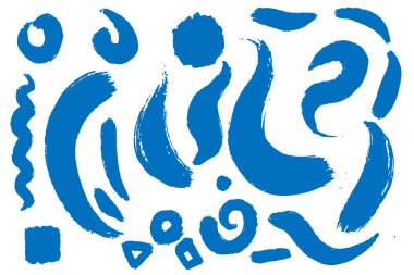 Mürekkep lekeleri, çizgiler, fırça darbeleri vektör seti. Kart için Grunge grafik ögeleri, beyaz arkaplanda izole edilmiş pankart tasarımı.