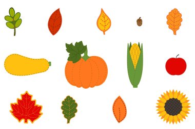 Sebze keçesi. Şükran Günü, Hasat Festivali ve sonbahar sembolleri. Geleneksel düz ikonlar: mısır, balkabağı, ayçiçeği ve yapraklar. Beyaz arkaplan illüstrasyonunda vektör izole edildi.