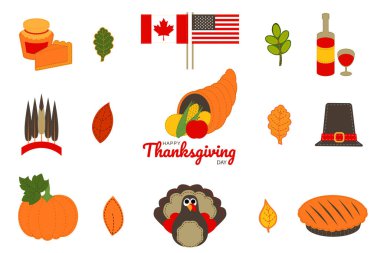 Şükran Günü dekoratif bir gün gibiydi. Geleneksel ikonlar: Pilgrim 'in kulübesi, hindi, balkabağı, turta, asma, cornucopia, bayraklar, akçaağaç şurubu. Beyaz arkaplan illüstrasyonunda vektör izole edildi.