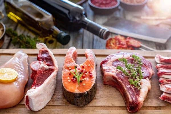 Variety Raw Meats Table Different Kinds Beef Pork Lamb Meat — Stock Photo, Image