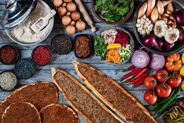 Cucina Tradizionale Turca Lahmacun Kiymali Pide Kusbasili Molti Tipi Cibo — Foto Stock