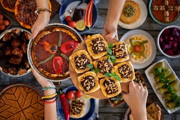 Many traditional foods on the table. Fasting time at the ramadan month. Prepared table for iftar