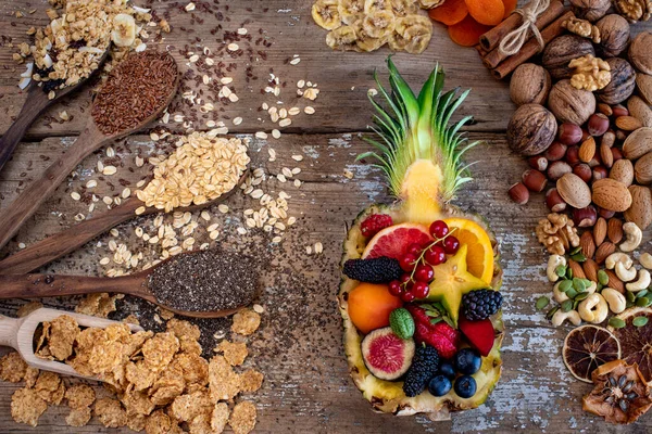 Pineapple Granola Table Many Berries Fresh Fruits Nuts Healthy Breakfast — Stock Photo, Image