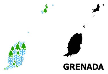 Kar Taneleri ve firavun ağaçlarıyla Grenada Adalarının Kış Kolajı Haritası