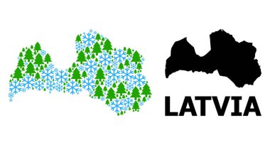 Letonya 'nın Yeni Yıl Kolajı Kartaneleri ve firavun ağaçlarıyla Haritası