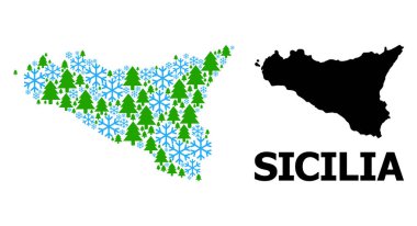 Sicilya Adası Yeni Yıl Kolajı Haritası Kar Taneleri ve Firavun Ormanı